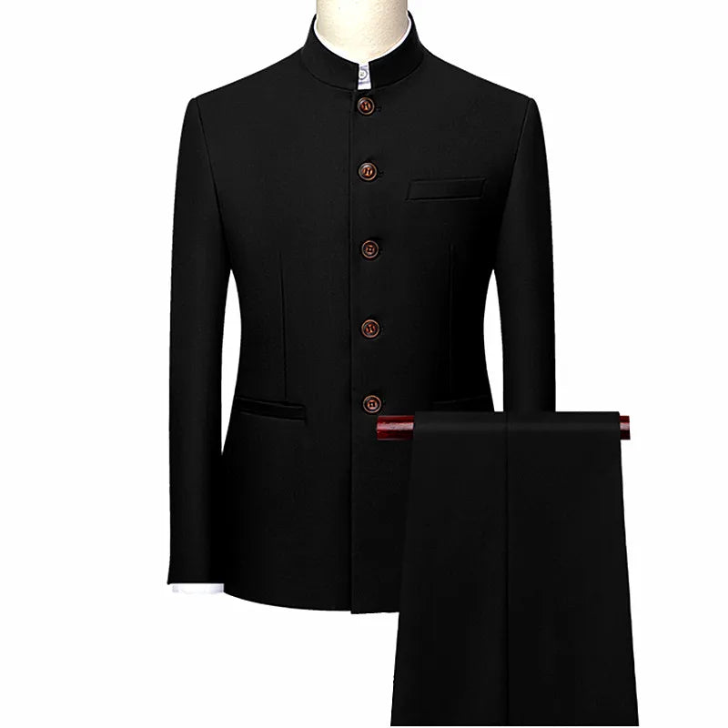 Men's White Stand Collar Chinese Style Slim Fit Two Piece Suit Set / Men Zhong Shan Blazer Jacket Coat Pants Trousers 2 Pcs 7XL