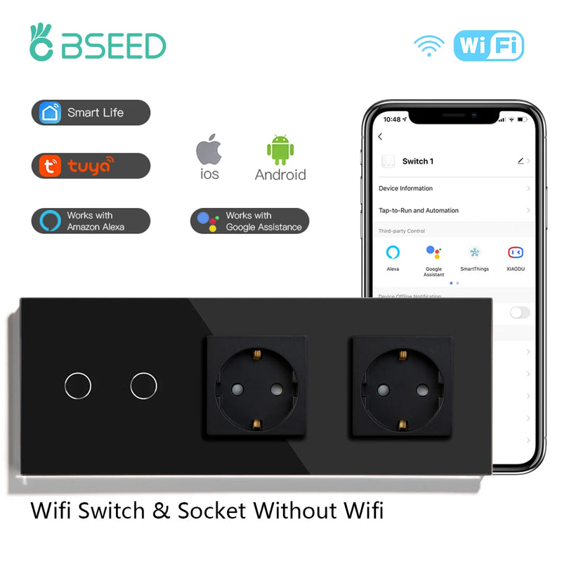 BSEED Wifi Wall Touch Switches 1/2/3Gang 1/2/3 Way Light Switch With Double EU Power Sockets Smart Life Google Alexa Control