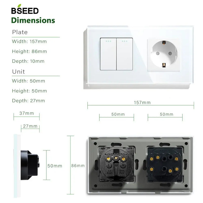 BSEED Mechanical Light Switch Wall Socket Glass Frame 1/2/3Gang 2Way Wall Switch Power Outlet Button Switches Wall Socket