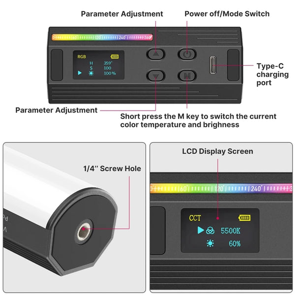 អំពូលភ្លើងដៃ Ulanzi i-Light VL119 RGB ដំបង LED RGB 2500-9000K ភ្លើងបំភ្លឺថតរូប អំពូលបំពង់ម៉ាញេទិកសម្រាប់វីដេអូ Vlog