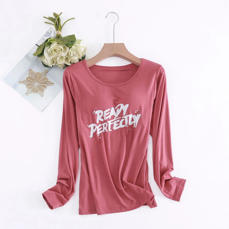 Spring Autumn Comfortable Sleepwear Women Shirt Casual Letter Print Sleep Tops Bra Padded Modal One Piece Pajamas Female