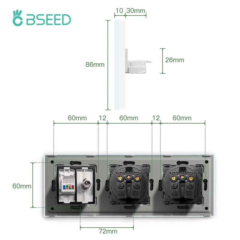 BSEED Double EU Wall Sockets Power Outlets White Black Golden Crystal TV Sockets Power CAT5 Internet Socket Kids Protection 16A