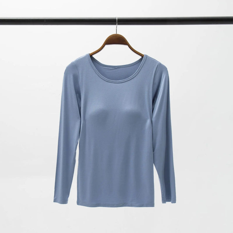 Casual Bra Pad One Piece Pajamas For Women Sleepwear T-shirt Spring Autumn Sleep Tops Long Sleeve Bottoming Night Shirt S-3XL