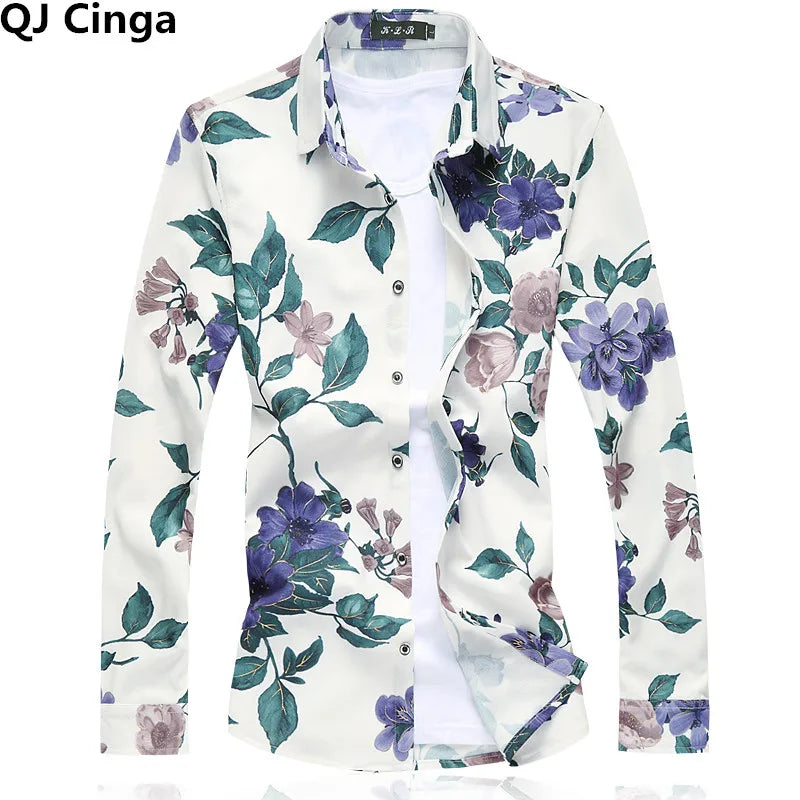 Men's White Small Stretch Long Sleeve Printed Shirt, Single Breasted Square Collar Shirts, Casual Camisa Male Chemise, New 2026