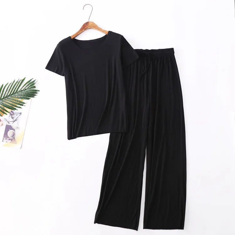 Fdfklak Pijama Mujer New Comfortable Modal Cotton Sleepwear Women Spring Summer Short Sleeve Trousers Set 2025 Pajama Sets