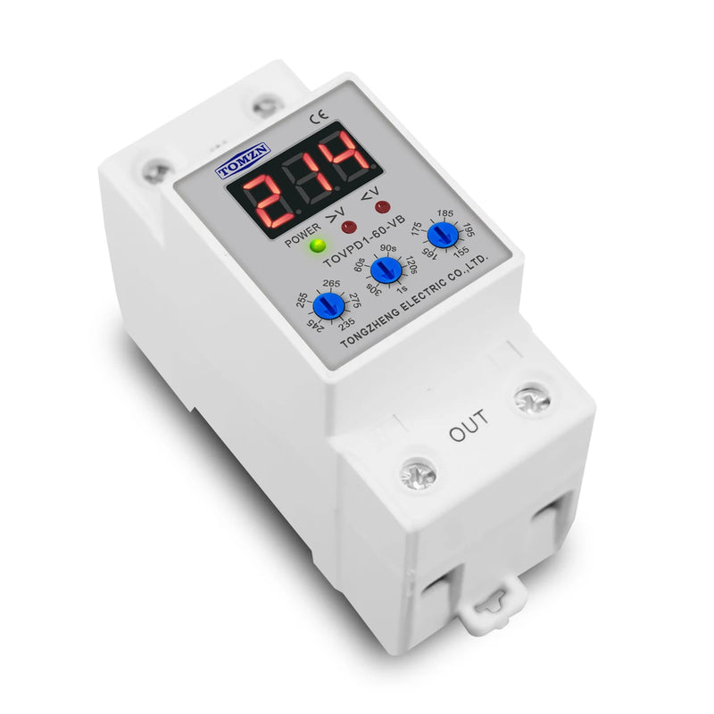 TOMZN LED Display 230V 40A 60A DIN Rail Adjustable Over Under Voltage Current Protective Device Protector Relay with Button