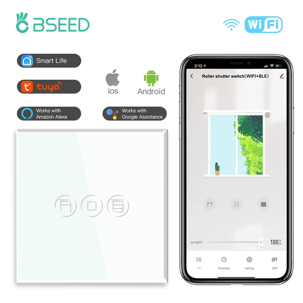 BSEED Wifi Roller Shutter Switch Smart Blind Switch Crystal Wall Touch Switches Wireless Control By Smart Life Tuya Alexa App