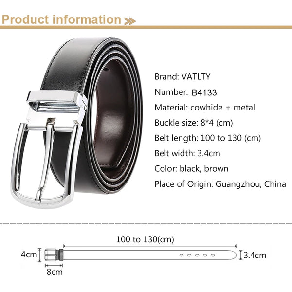VATLTY New Men's Leather Belt 130cm Natural Cowhide Trousers Belt Silver Alloy Buckle Casuals Brown Belt Male Waistband Gift