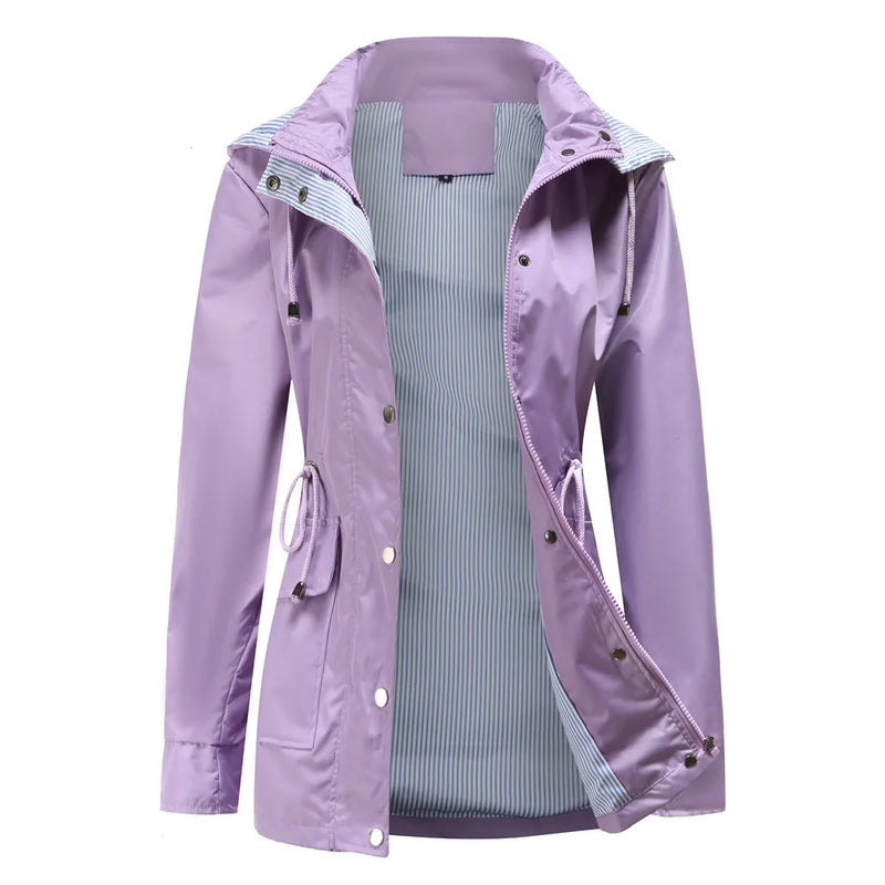 Purple Hooded Jacket for Spring 2026 Women's Office Fashion Women Outerwear Hat with Removable Waist Drawstring Water Proof