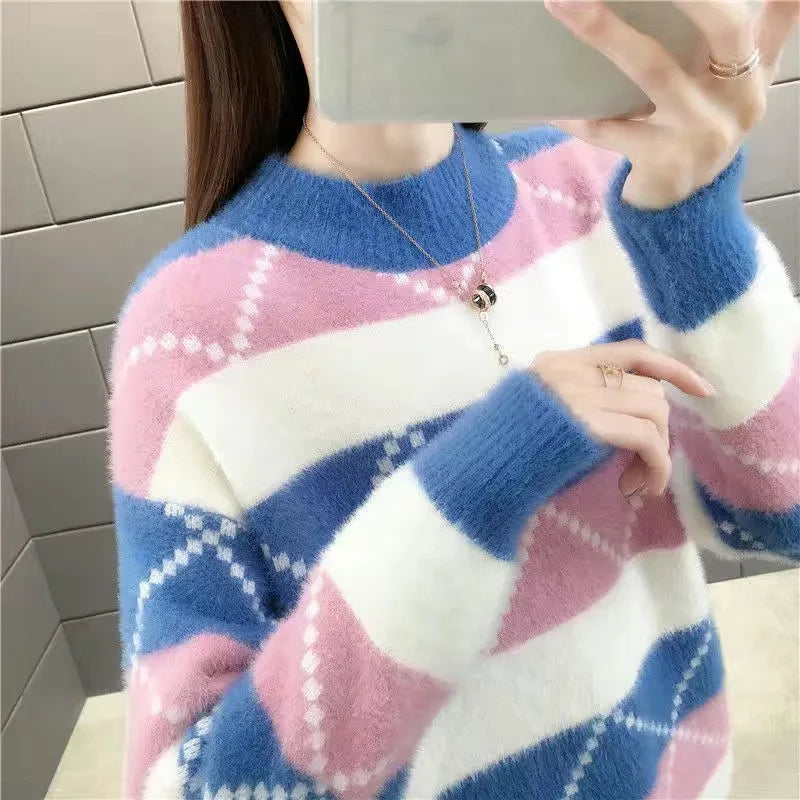 អាវយឺតក្រាស់ Mink ក្តៅសម្រាប់នារីរដូវស្លឹកឈើជ្រុះរដូវរងាពាក់កណ្តាល Turtleneck អាវយឺតកូរ៉េរលុងអាវធំសម្រាប់នារី