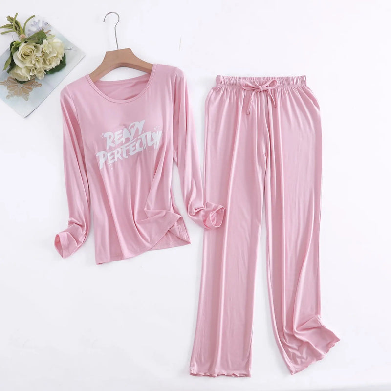 Spring Ladie's Modal Pajamas Sleepwear Set Letter Print Women Pajama 2 Piece Suit Full Sleeves Shirt Pant Lingerie Homewear