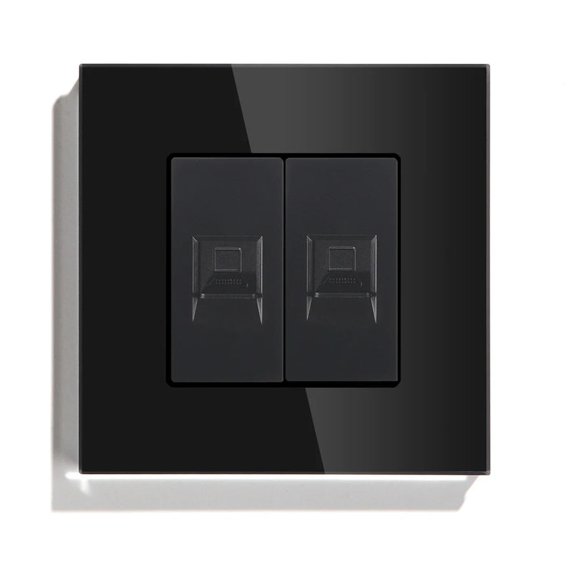 BSEED Double CAT5 Network Data Socket Internet RJ45 CAT6 PC Wall Outlet  EU Standard Tempered Glass Panel White Black Golden