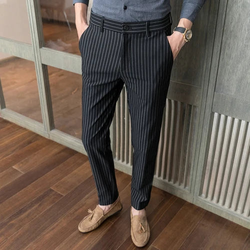 Men's White Vertical Stripes Suit Pants, Blue Black Trousers, Fashion Slim Pant Business Pantalones Hombre Autumn New Slacks