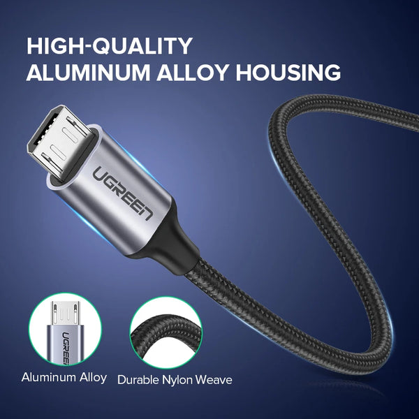 ខ្សែសាក Ugreen Micro USB 2A Nylon សាកលឿនសម្រាប់ Samsung Xiaomi HTC USB Charger Data Cable Mobile Phone Cable