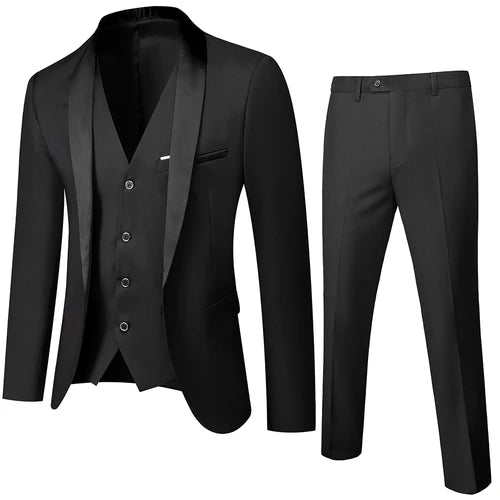 Men's Blue Suit 3-Pieces, Business Wedding Terno Masculino, Fashion Slim Fit Costume Homme, Black Red Gray, Asian Size M-4XL 5XL