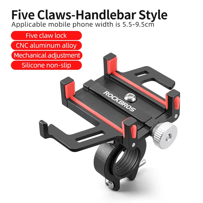 ROCKBROS Phone Holder Motorcycle Electric Bicycle Smartphone CNC Aluminum Alloy Bracket Five Claws Mechanical Bike Phone Holder 699-BR