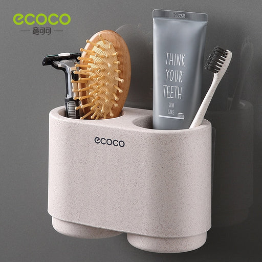 ECOCO Wall-mount Toothbrush Holder Tooth Cup Toothpaste Toothbrush Rack Bathroom Accessories Mouthwash Cup Set for Couples Wheat