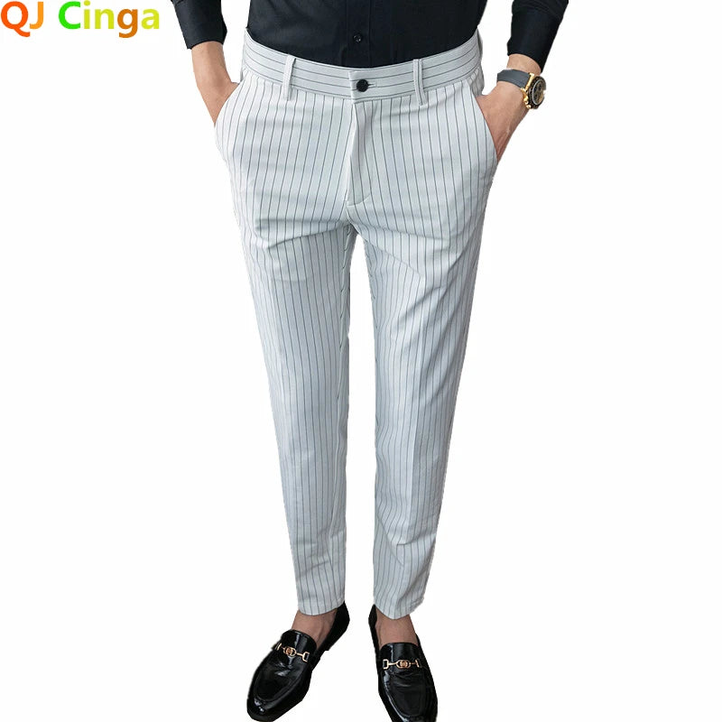 Men's White Vertical Stripes Suit Pants, Blue Black Trousers, Fashion Slim Pant Business Pantalones Hombre Autumn New Slacks