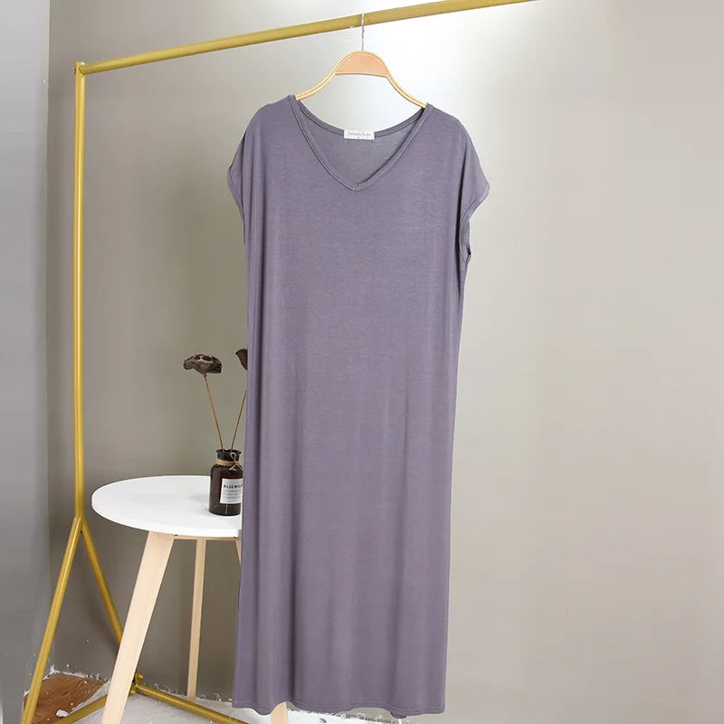 Large Size Modal Base Night Dress Women Sexy V Neck Sleepwear Comfortable Nightgowns Loose Long Nightshirt Vestidos Mujer