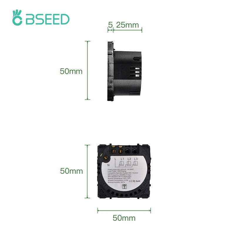 BSEED Smart Touch Switch Function Key 1/2/3Gang 1/2/3Way WIFI Light Switches Base DIY Parts Smart App Control Neutral Required