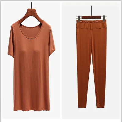 Modal cotton pijamas women chest pad short-sleeved trousers suit female pajamas sleepwear set tight elastic nightwear pyjama 3XL
