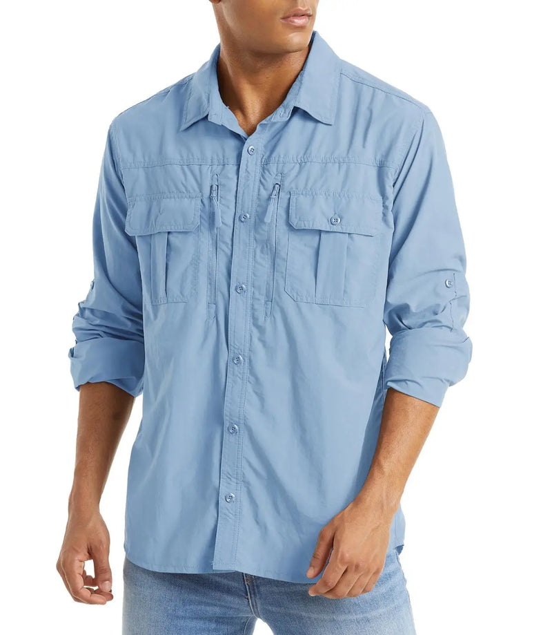 TACVASEN With 2 Chest Zipper Pockets Cargo Shirt Men's Quick Drying Skin Protective Long Sleeve Work Shirt Male Tops Outdoor