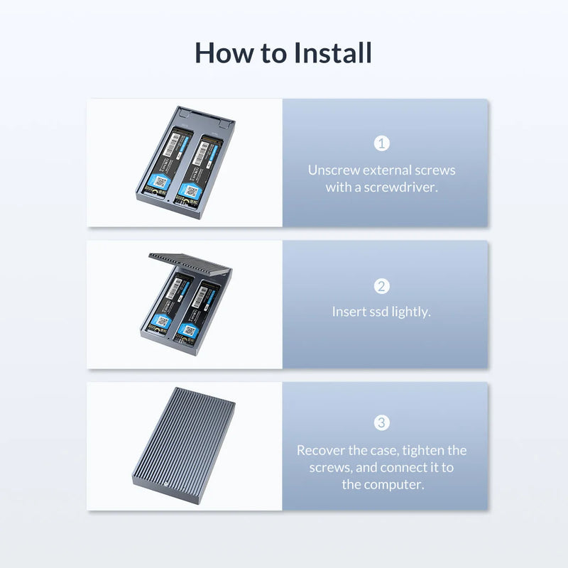 ORICO Dual Bay Dual Protocol M2 SSD Case Support M.2 NVME NGFF SATA SSD Disk For M Key & B+M Key SSD W/ 5V4A Power Adapter