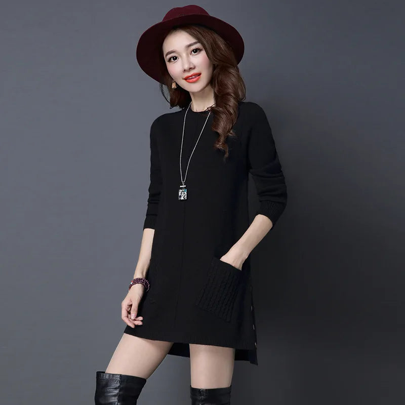 Fdfklak Autumn Winter Sweater New Women's Solid Color Loose Pullover Tops Long-Sleeved Pocket Knit Sweaters Dress Pull Femme 3XL