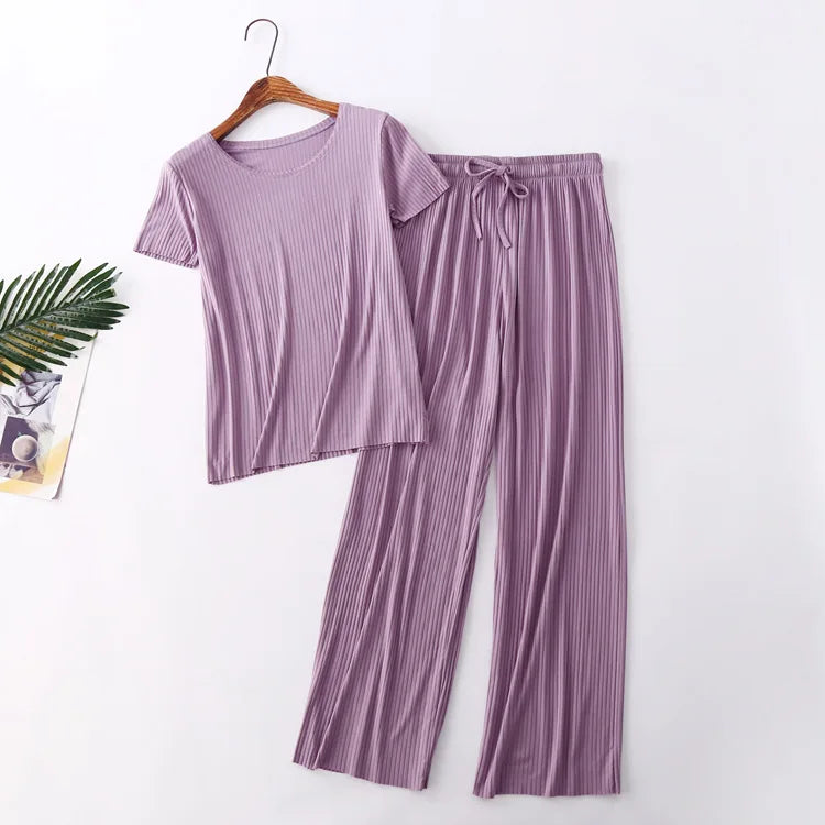 Fdfklak Pijama Mujer New Comfortable Modal Cotton Sleepwear Women Spring Summer Short Sleeve Trousers Set 2025 Pajama Sets