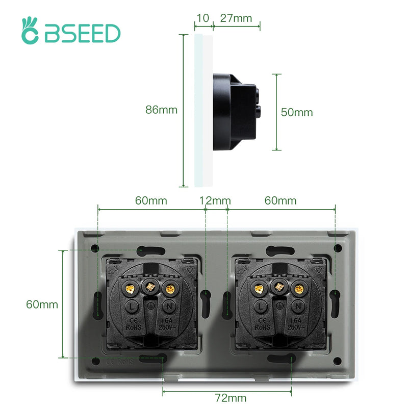 BSEED EU Wall Sockets Double Power Outlets White Black Double Frame USB Type-C Phone Charge Port Glass Panel Kids Protection 16A