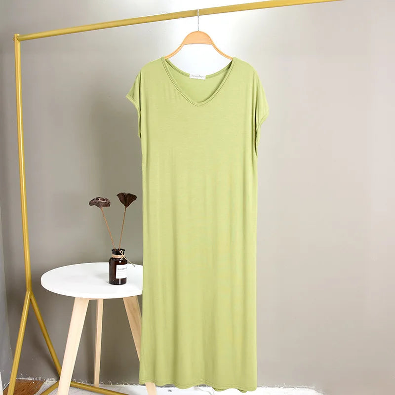 Large Size Modal Base Night Dress Women Sexy V Neck Sleepwear Comfortable Nightgowns Loose Long Nightshirt Vestidos Mujer