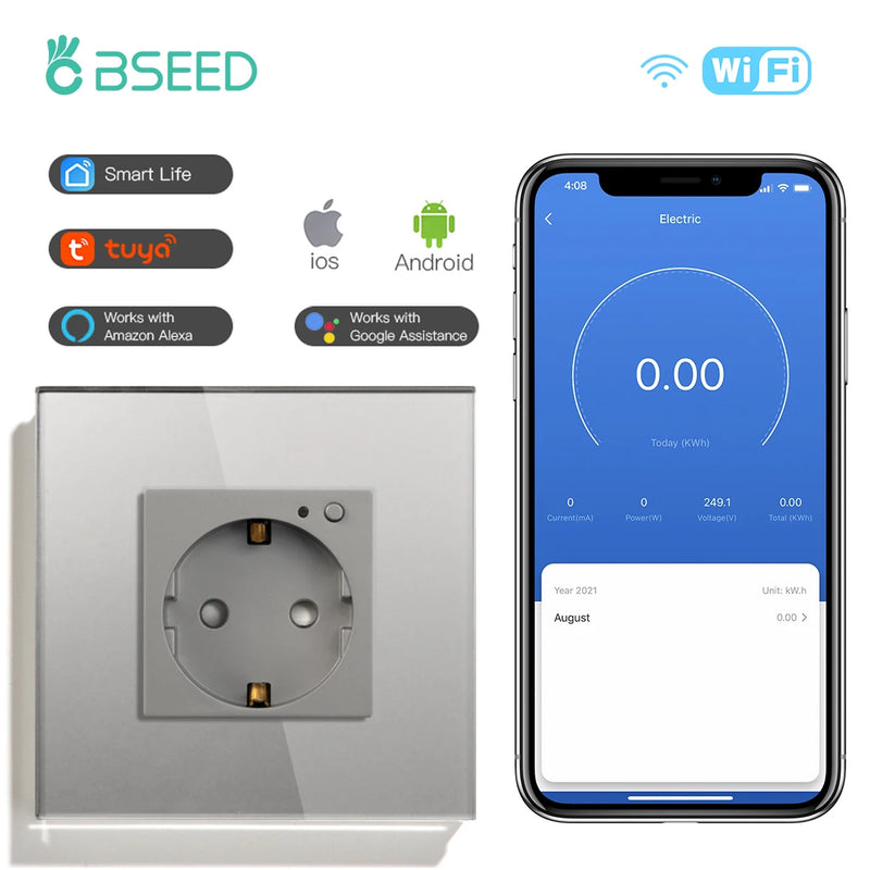 BSEED EU Electrical Wifi Smart Socket Wall Plug With Power Monitor Timing Function Tuya Alexa Smart Home Wireless Control 16A