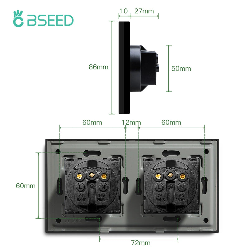 BSEED Single Power Outlet EU Wall Plugs Double Sockets USB Type-C Phone Charge Glass Panel 1Way Wall Touch Switch Kid Protection