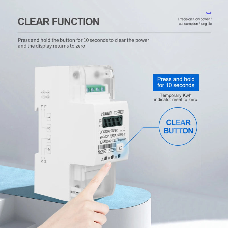 TOMZN Din Rail Single Phase Multi Function Energy Meter 90-300V KWh MODBUS-RUT Watt Hour Meter Remote Control ON/OFF by RS485 65