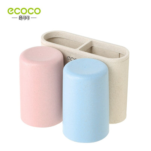 ECOCO Wall-mount Wheat Straw 2/3/4 Cup Toothbrush Holder Family Couples Toothbrush Toothpaste Cup Storage Bathroom Accessories Two Cup