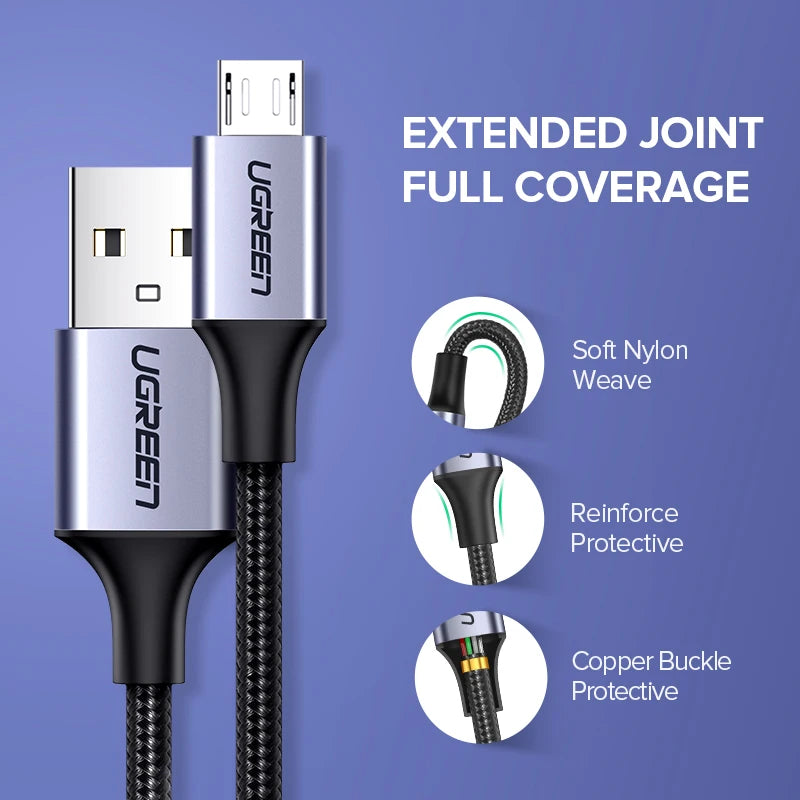 Ugreen Micro USB Cable 2A Nylon Fast Charging USB Type C Cable for Samsung Xiaomi HTC USB Charger Data Phone Cable Quick Charge