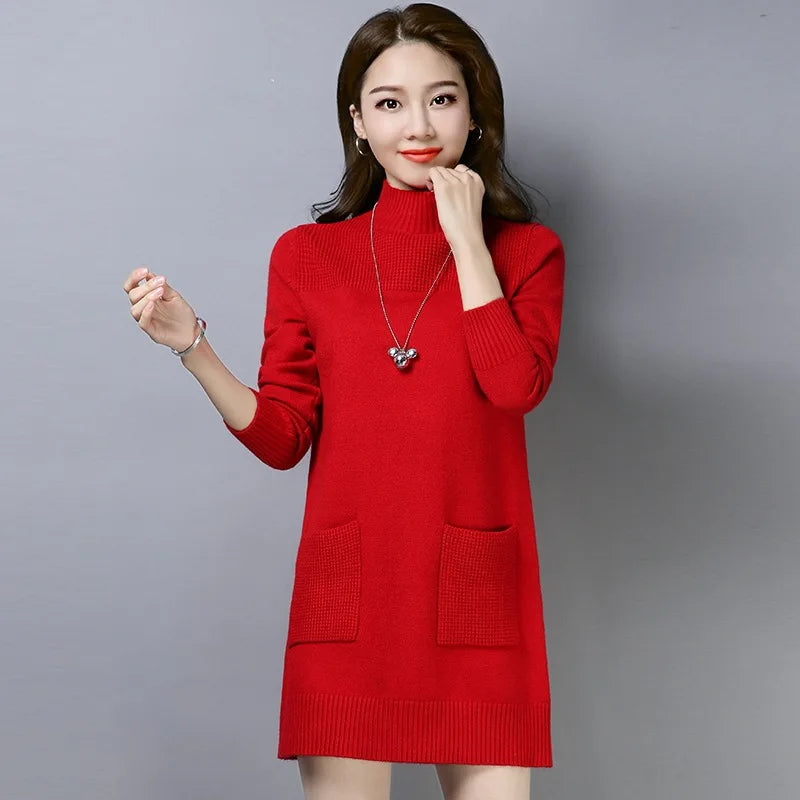 Fdfklak Half-High Collar Inner Sweater Women 2026 New Korean Mid-Length Wool Winter Sweaters Dress Pullover Knit Tops Pull Femme