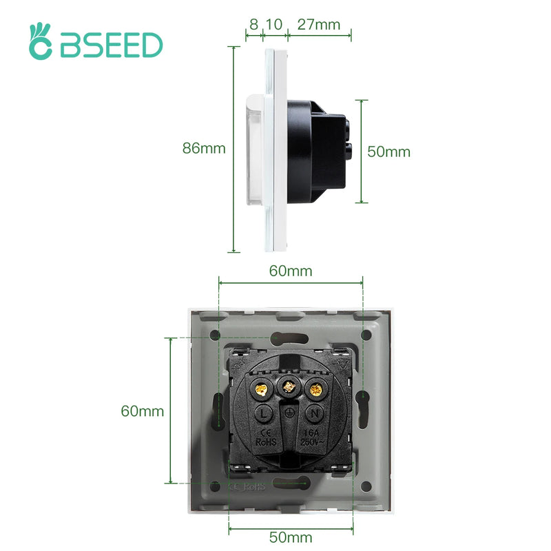 BSEED EU Standard Single Power Sockets With Waterproof Cover Double Wall Outlet Bathroom Triple Plugs 16A Crystal Panel 110-250V