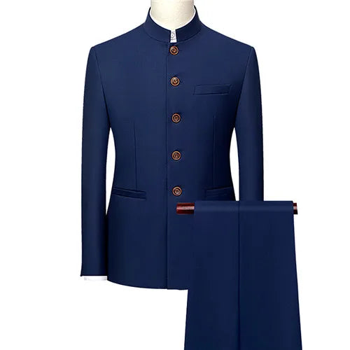 Men's White Stand Collar Chinese Style Slim Fit Two Piece Suit Set / Men Zhong Shan Blazer Jacket Coat Pants Trousers 2 Pcs 7XL