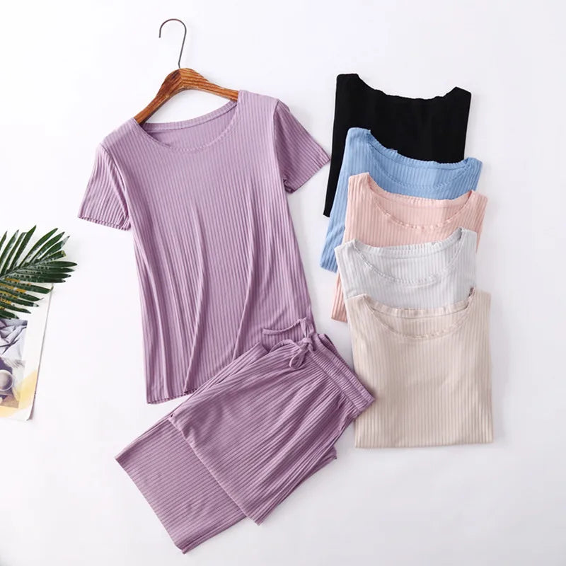 Fdfklak Pijama Mujer New Comfortable Modal Cotton Sleepwear Women Spring Summer Short Sleeve Trousers Set 2025 Pajama Sets