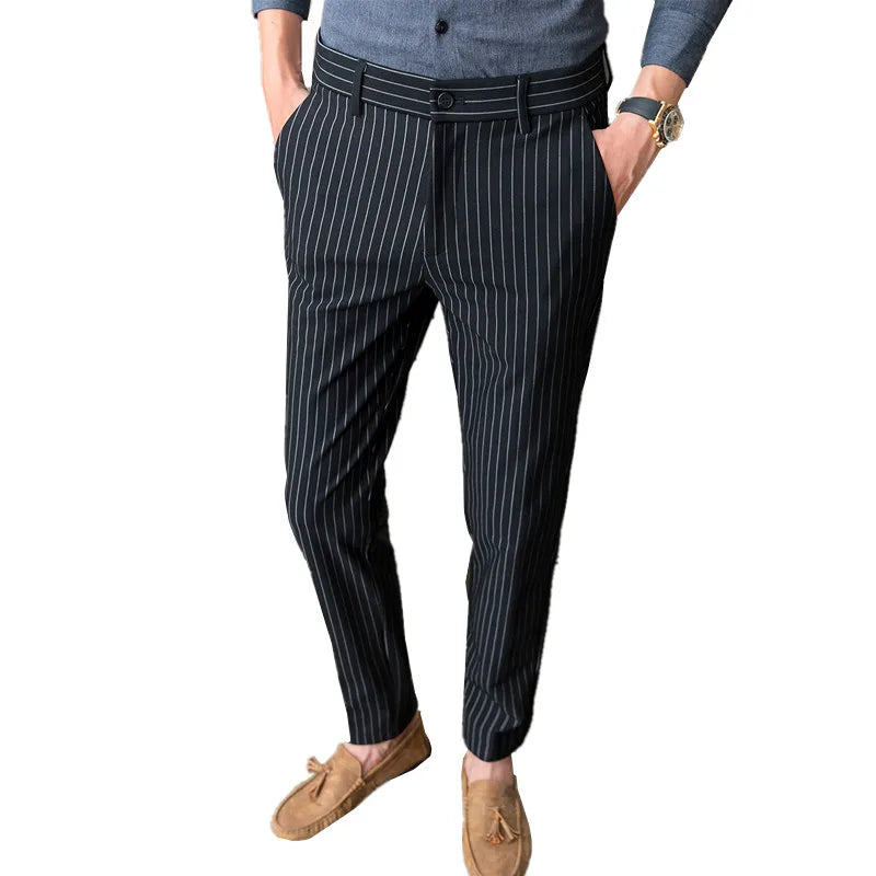 Men's White Vertical Stripes Suit Pants, Blue Black Trousers, Fashion Slim Pant Business Pantalones Hombre Autumn New Slacks