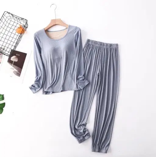 Spring Autumn Sleepwear Women New Modal Cotton Pajamas Set Bra Padded Long Sleeve Trousers Two Piece Suit Comfortable Home Wear