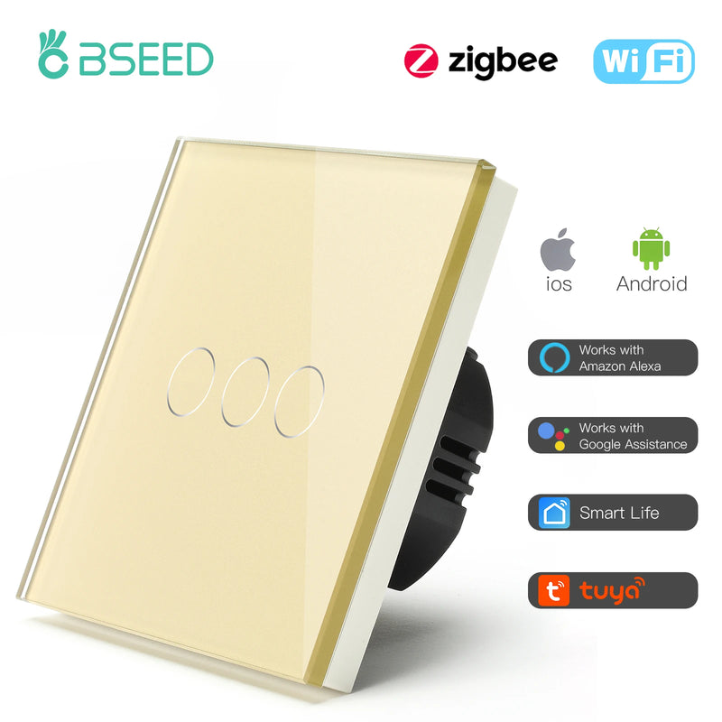BSEED Zigbee Smart Light Switch 1/2/3Gang Wall Touch Switch Smart Life Google Alexa Tuya App Control No Neutral Wire Required