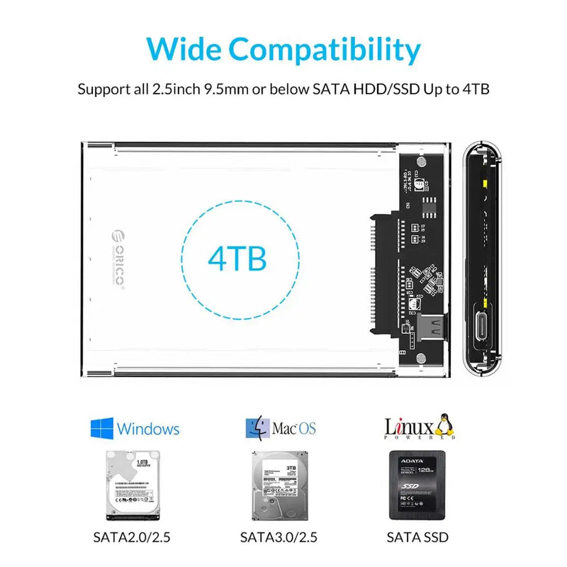 ORICO 2.5'' Transparent HDD Case SATA to USB 3.1 Gen2 10Gbps External Hard Drive Case HDD Enclosure SSD Disk Case Support UASP