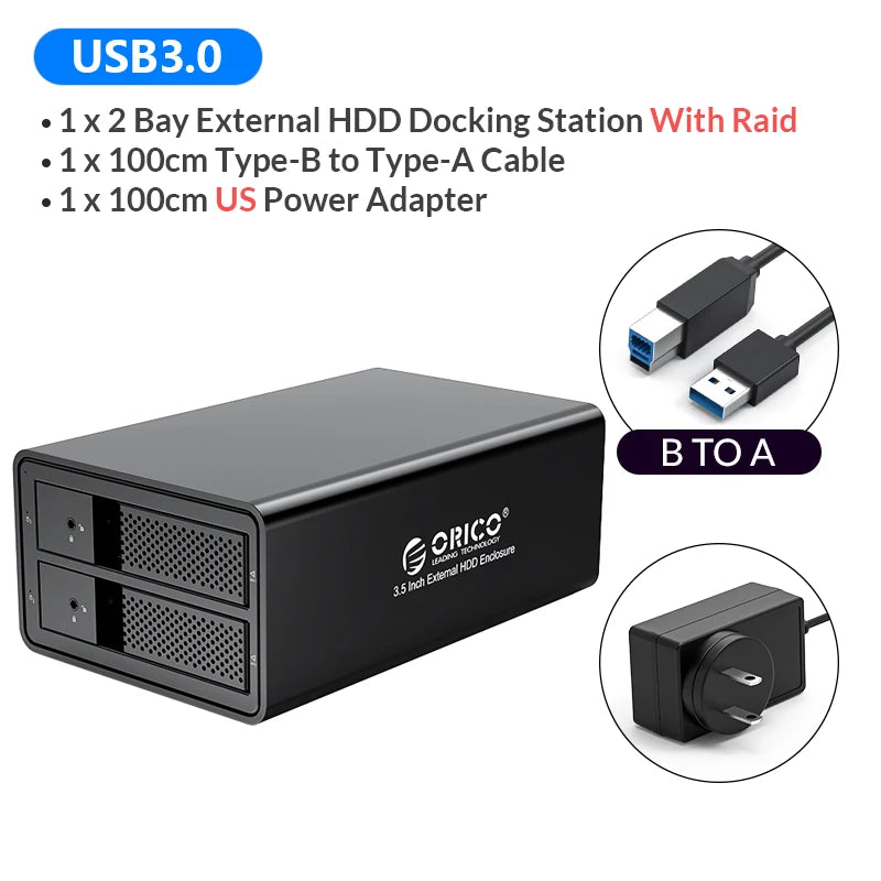 ORICO 95 Series 2 bay 3.5'' USB3.0 to SATA With RAID HDD Docking Station Aluminum HDD Enclosure 36W Power Adapter HDD Case