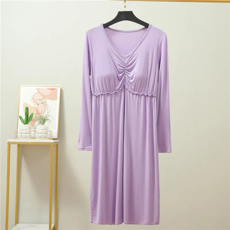 Fdfklak Comfortable Spring Autumn Modal Sleepwear Women Bra Padded Sexy Night Dress Long Sleeve Nightgowns Female Home Clothes