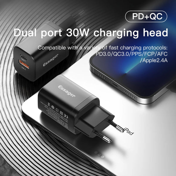 ឆ្នាំងសាក Essager USB Type C លឿន 30W QC PD 3.0 អាដាប់ទ័រចល័តពីររន្ធសម្រាប់ iPhone 16 15 14 iPad Xiaomi ឆ្នាំងសាកជញ្ជាំងលឿន