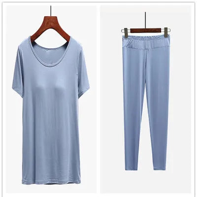 Modal cotton pijamas women chest pad short-sleeved trousers suit female pajamas sleepwear set tight elastic nightwear pyjama 3XL