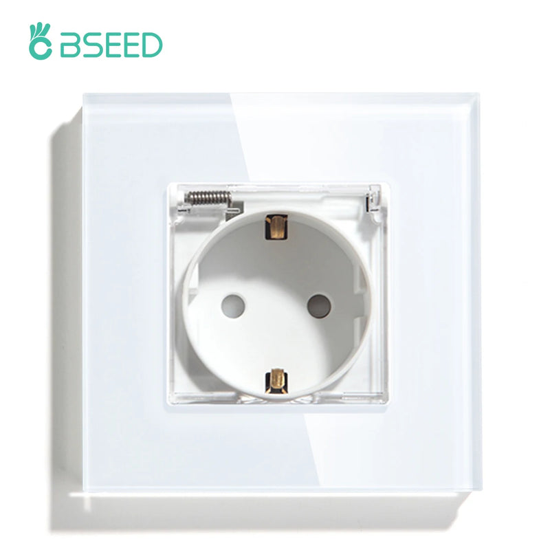 BSEED EU Standard Single Power Sockets With Waterproof Cover Double Wall Outlet Bathroom Triple Plugs 16A Crystal Panel 110-250V