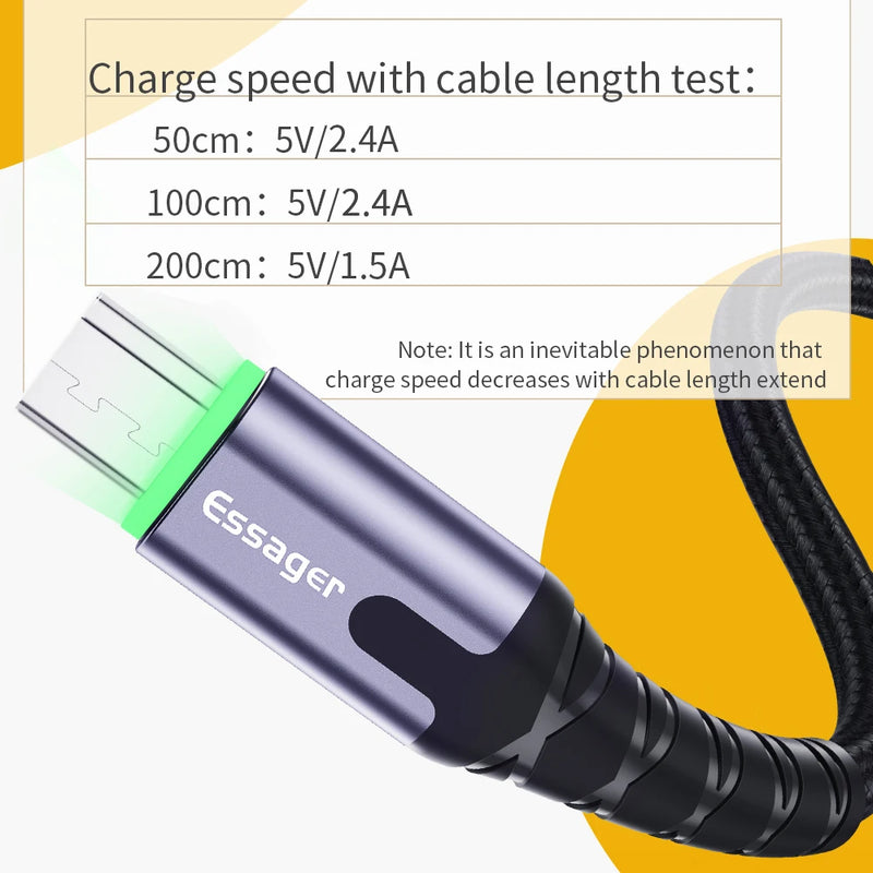 ខ្សែសាក Essager LED Micro USB សម្រាប់ Xiaomi Samsung Android 3A ខ្សែសាកទិន្នន័យលឿន MicroUSB ឆ្នាំងសាកទូរស័ព្ទចល័ត 2M 3M